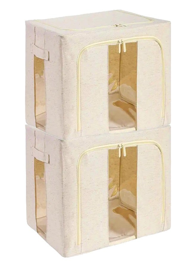 PRIME PICK صندوق تخزين ومنظم ملابس من برايم بيك، عبوة من قطعتين، منظم ملابس كبير الحجم، منظم خزانة ملابس من القطن والجوت للتخزين، صندوق قابل للطي والغسل مع غطاء وإطار معدني ومقابض، مثالي لخزانة الملابس والأدراج وما إلى ذلك. - Image 1